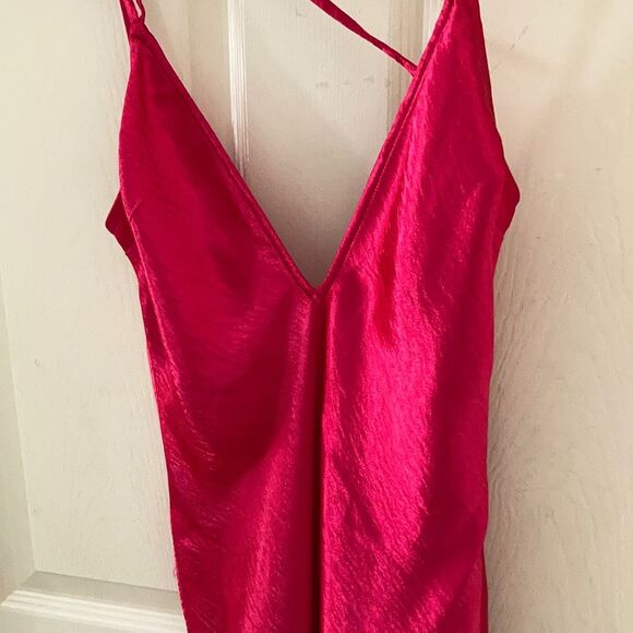 NEW Express Barbiecore Hot Pink Silky Deep V Neck Midi Satin Dress Gown 2 NWOT - Picture 6 of 11